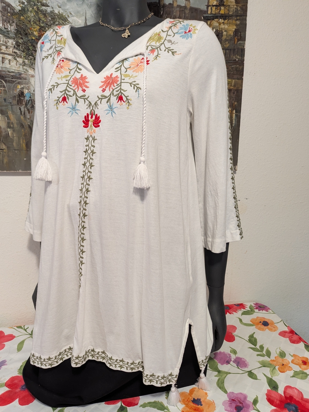 Boho Embroidered White Tunic Top with Floral Detail